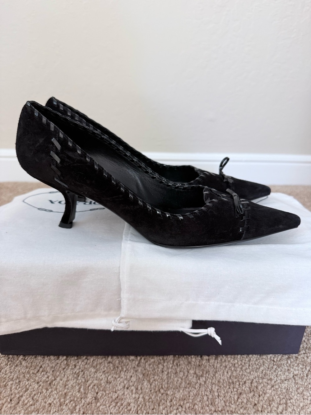 Prada Black Suede Pointed-Toe Kitten Heel Pumps - Picture 2 of 10